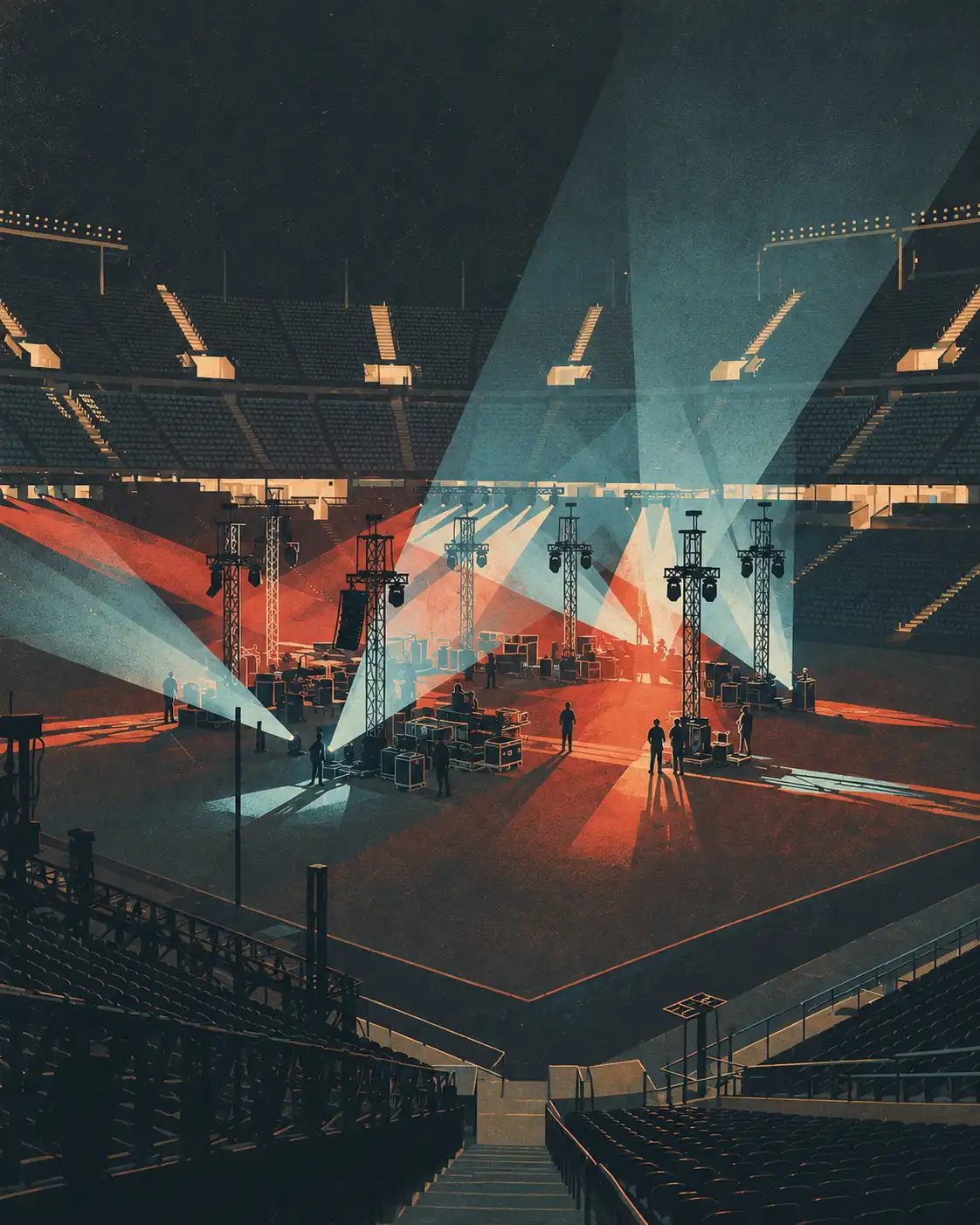 Arena floor during stage, lighting, and production setup.